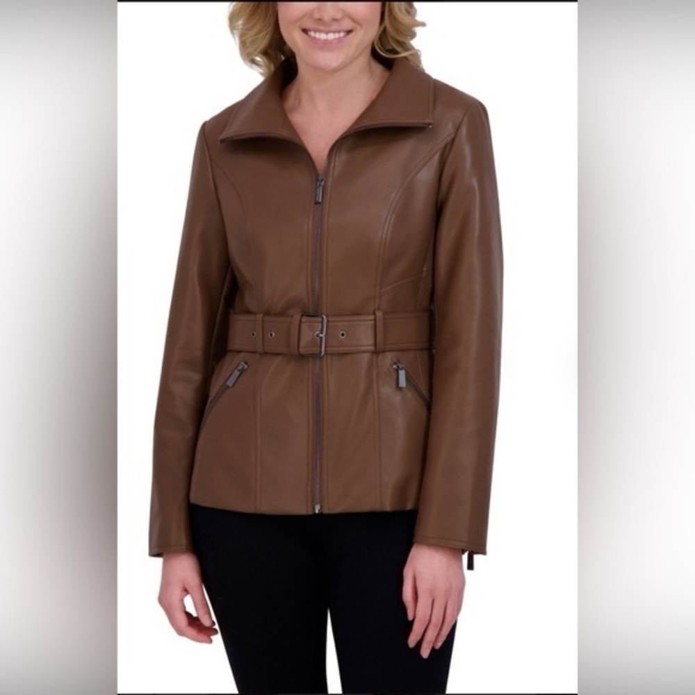 NWT Kenneth Cole Woman’s Brown Faux Leather Jacket with Belt Size XXL